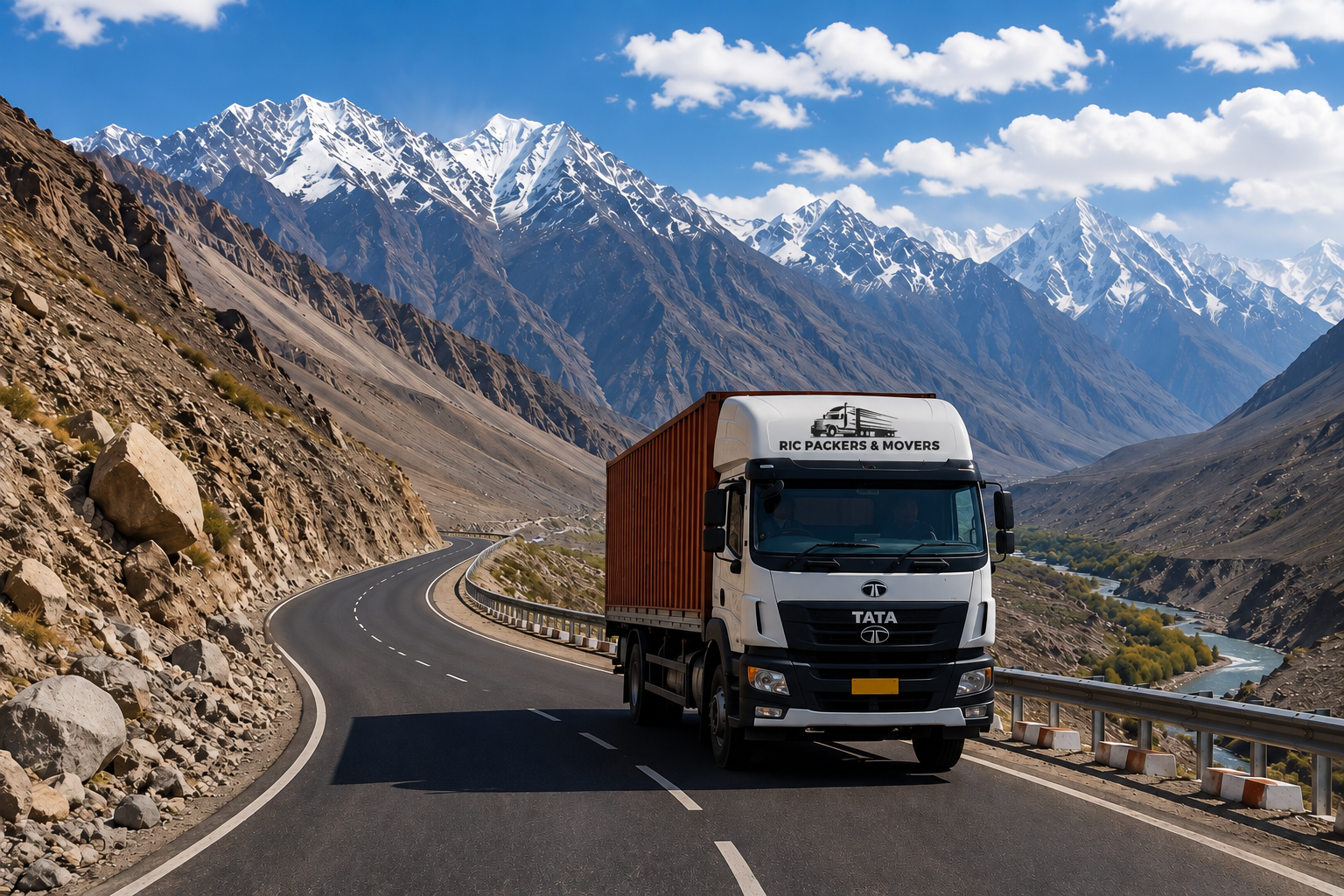 RIC Packers and Movers truck travelling through Ladakh mountains